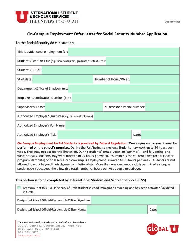 On Campus Employment Offer Letter For Social Security Number Application screenshot