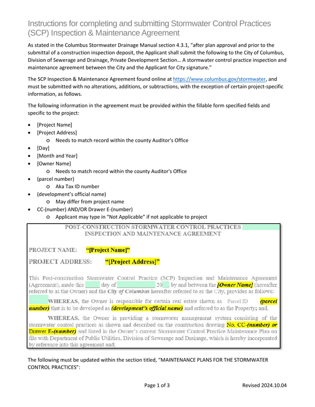 Stormwater Control Practices (SCP) Inspection  Maintenance Agreement Instructions screenshot