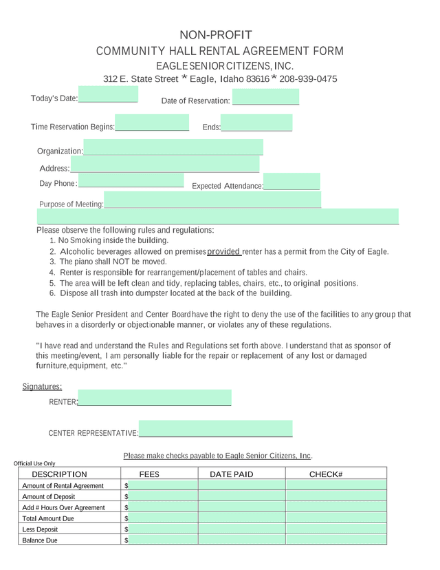 Community Hall Rental Agreement Form screenshot