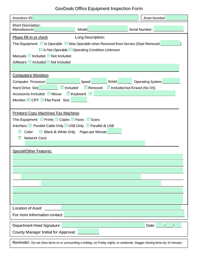 GovDeals Office Equipment Inspection Form screenshot