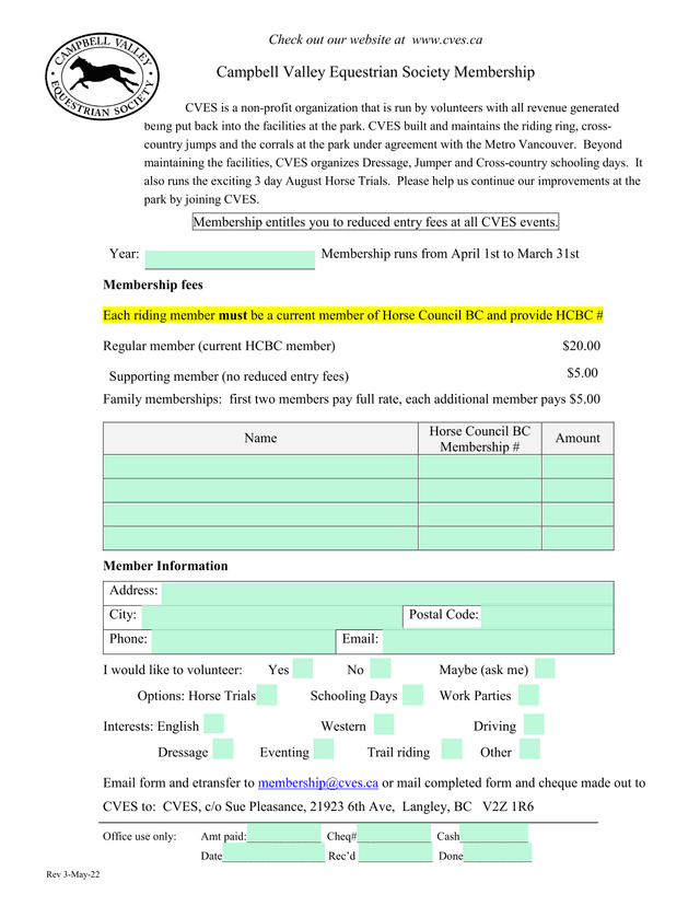 Campbell Valley Equestrian Society Membership screenshot