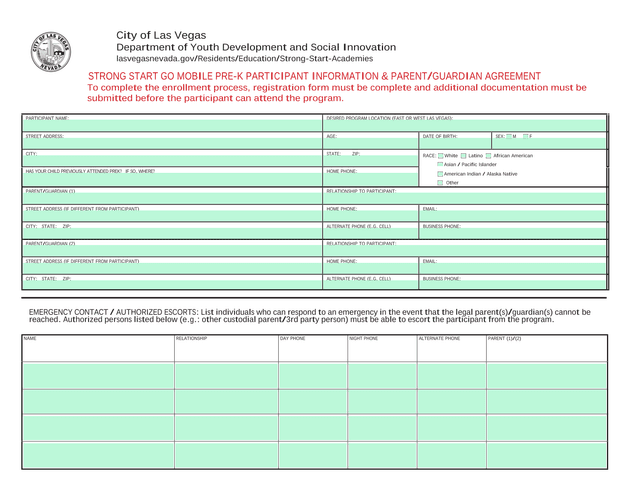 Strong Start Go Mobile Pre K Participant Information  ParentGuardian Agreement screenshot
