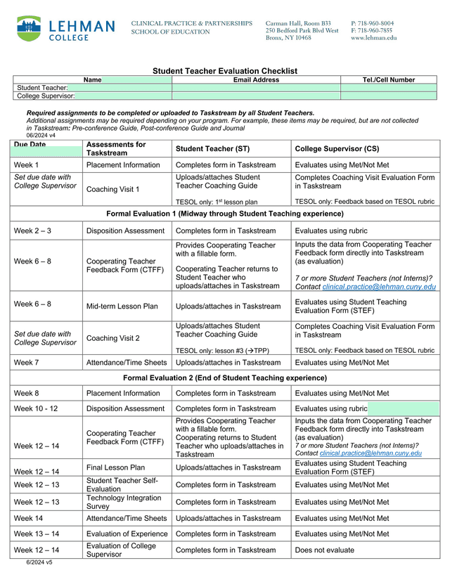 Student Teacher Evaluation Checklist screenshot