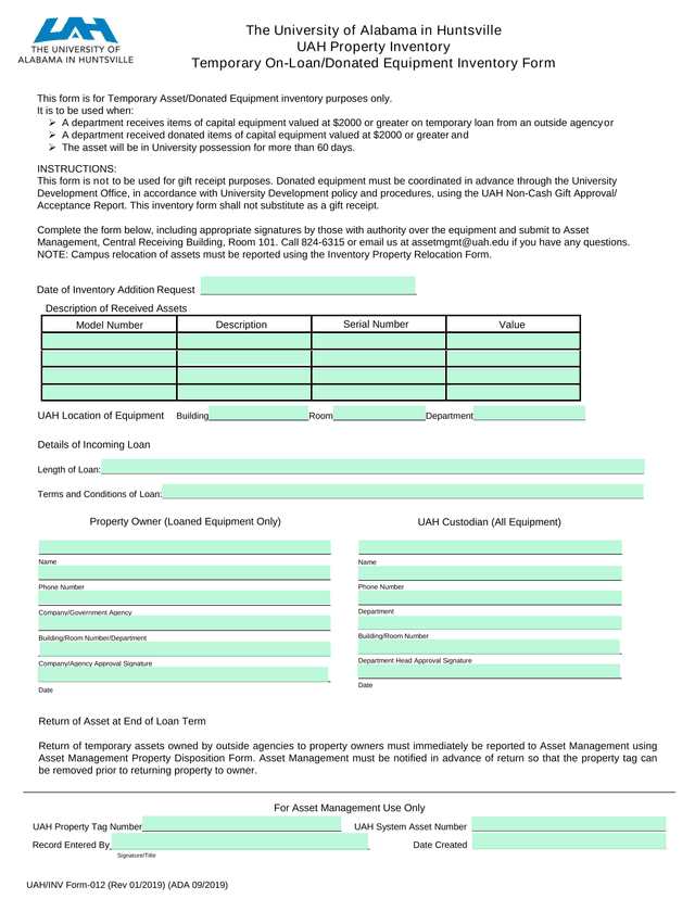 UAH Property Inventory Temporary On LoanDonated Equipment Inventory Form screenshot