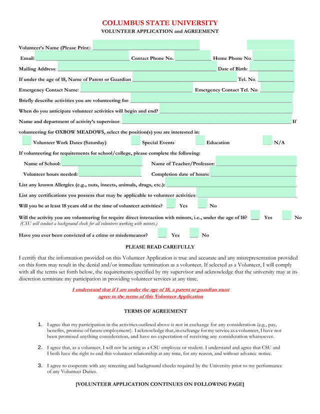 COLUMBUS STATE UNIVERSITY VOLUNTEER APPLICATION And AGREEMENT screenshot