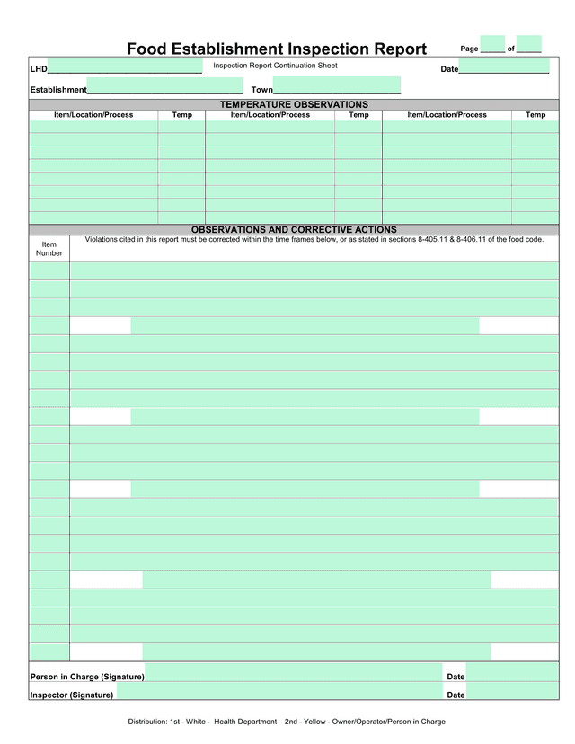 Food Establishment Inspection Report Continuation Sheet screenshot