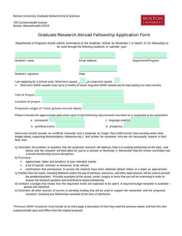 Graduate Research Abroad Fellowship Application Form screenshot