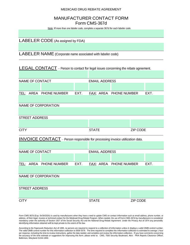 Medicaid Drug Rebate Agreement Manufacturer Contact Form screenshot