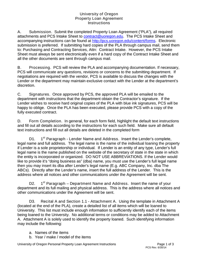 University Of Oregon Personal Property Loan Agreement Instructions screenshot