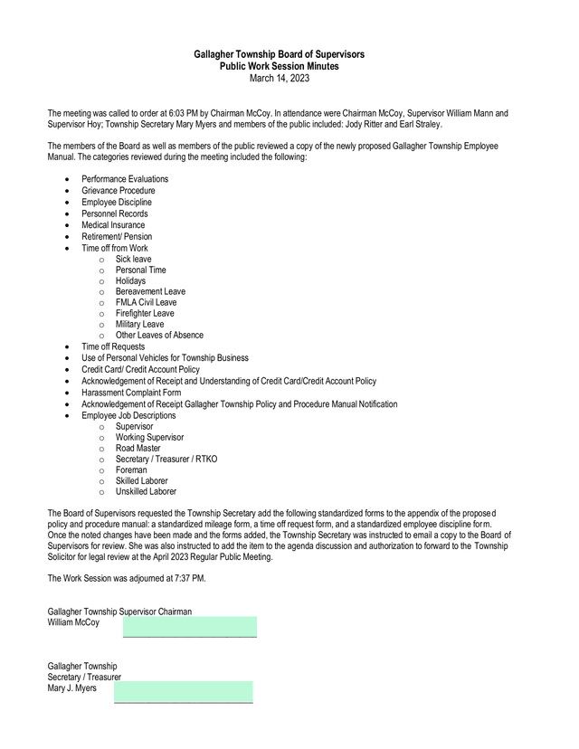 Gallagher Township Employee Manual screenshot