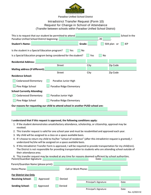 Intradistrict Transfer Request (Form 10) screenshot