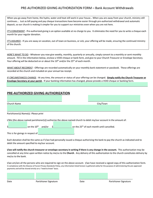 PRE AUTHORIZED GIVING AUTHORIZATION FORM  Bank Account Withdrawals screenshot