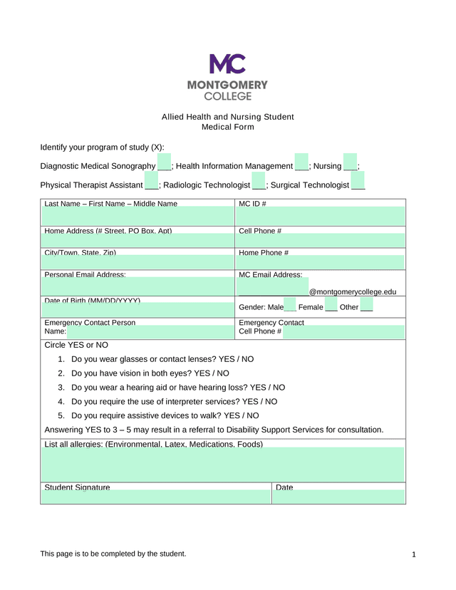 Allied Health And Nursing Student Medical Form screenshot