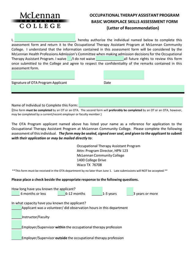 Occupational Therapy Assistant Program Basic Workplace Skills Assessment Form screenshot