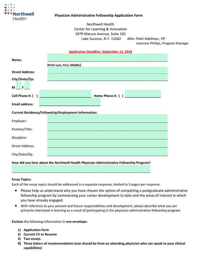 Physician Administrative Fellowship Application Form screenshot