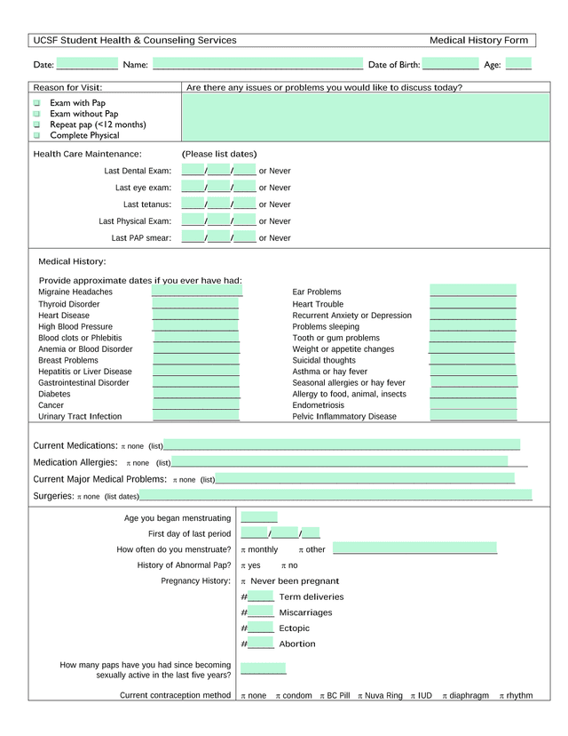 Medical History Form screenshot