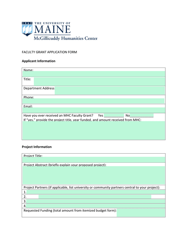 FACULTY GRANT APPLICATION FORM screenshot