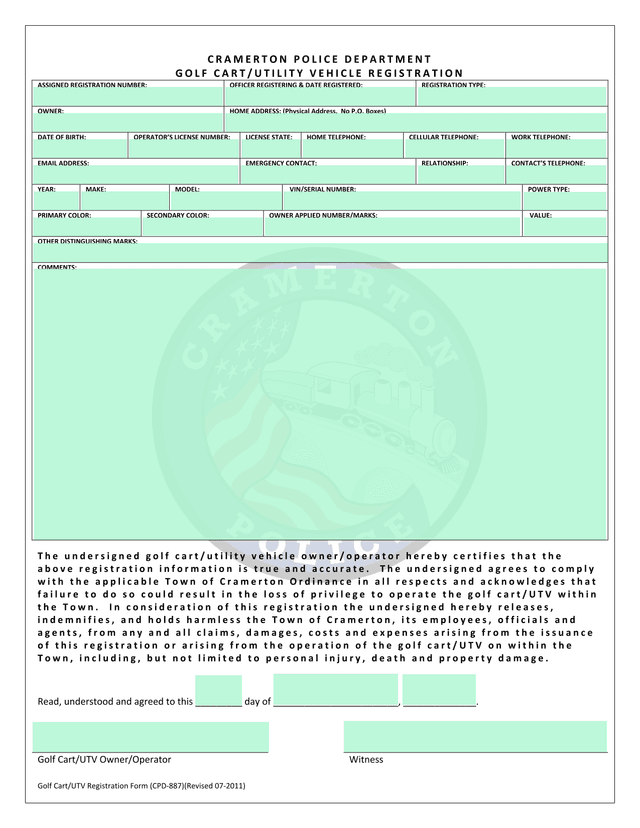 Golf CartUTV Registration Form (CPD887) screenshot