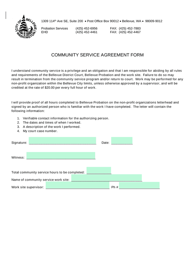 Community Service Agreement Form screenshot