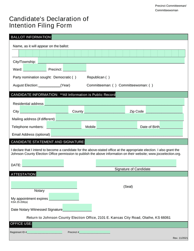 Precinct CommitteemanCommitteewoman CandidateS Declaration Of Intention Filing Form screenshot