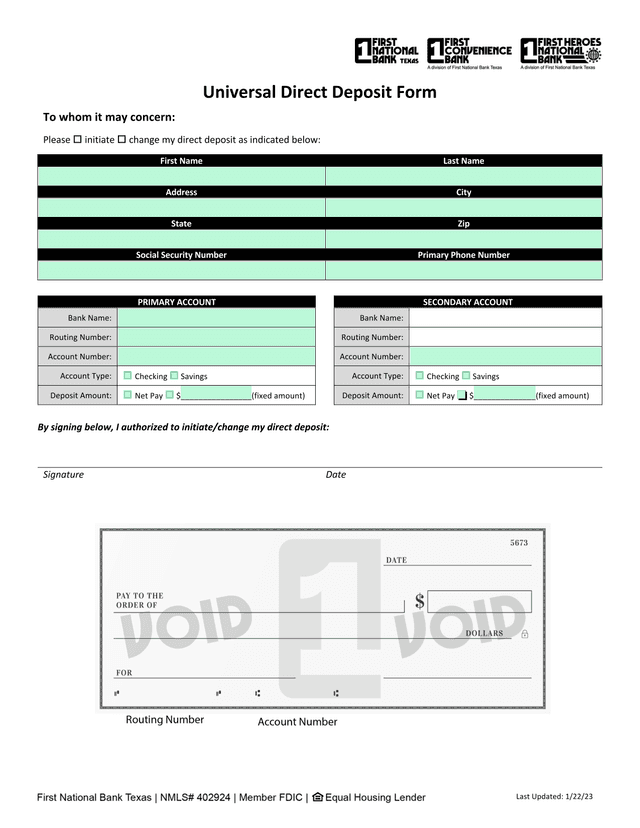 Universal Direct Deposit Form screenshot