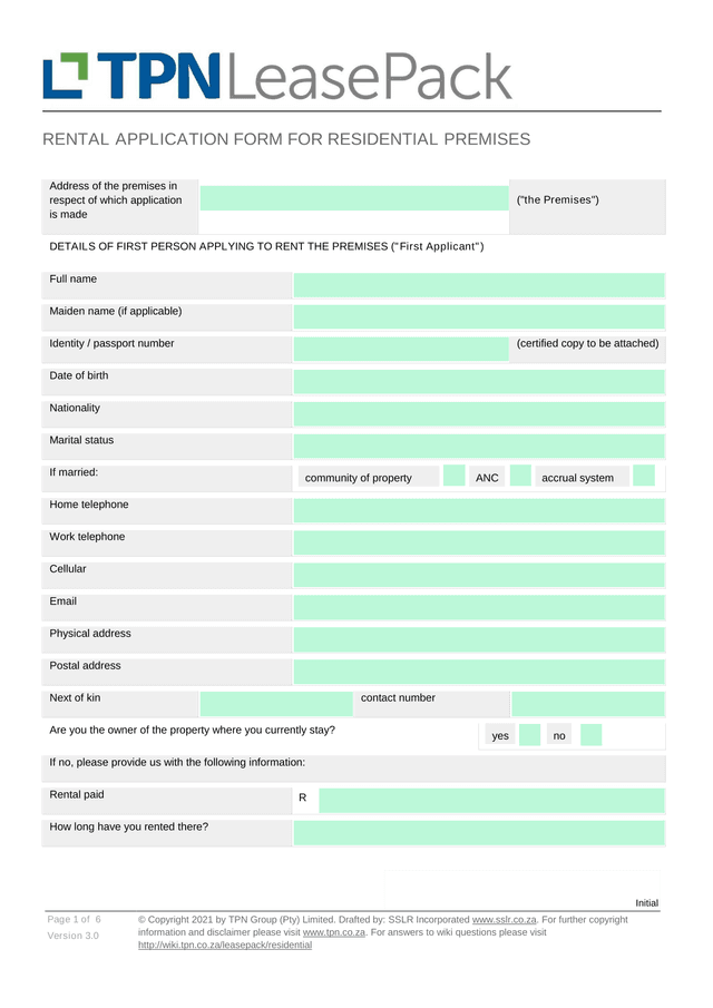 Rental Application Form For Residential Premises screenshot