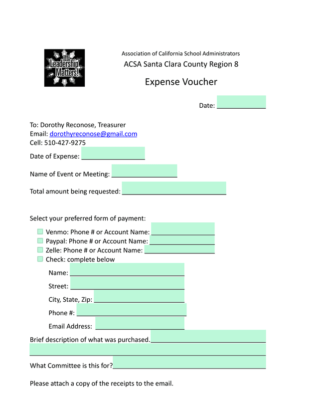 ACSA Santa Clara County Region 8 Expense Voucher screenshot