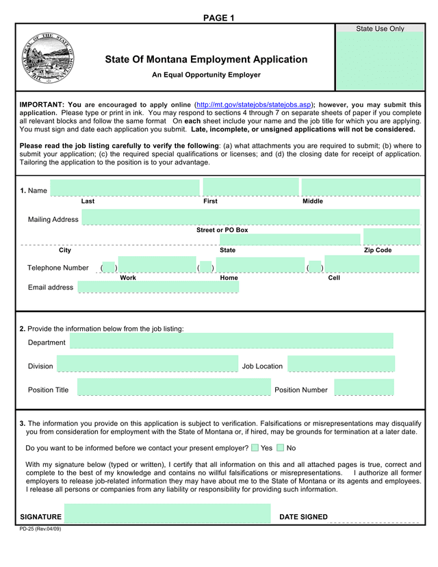 State Of Montana Employment Application screenshot