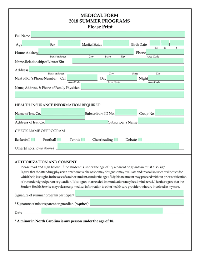 MEDICAL FORM 2018 SUMMER PROGRAMS screenshot
