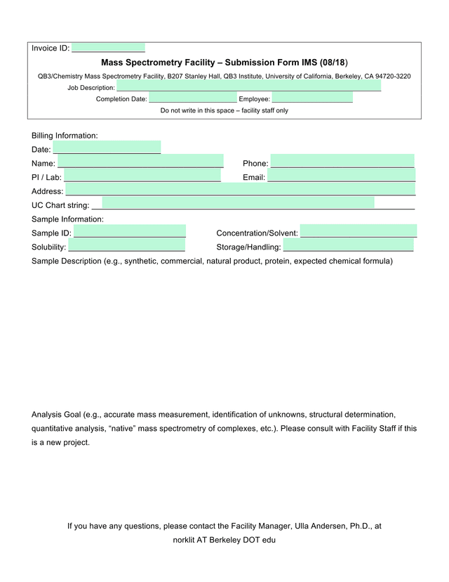 Mass Spectrometry Facility  Submission Form IMS screenshot