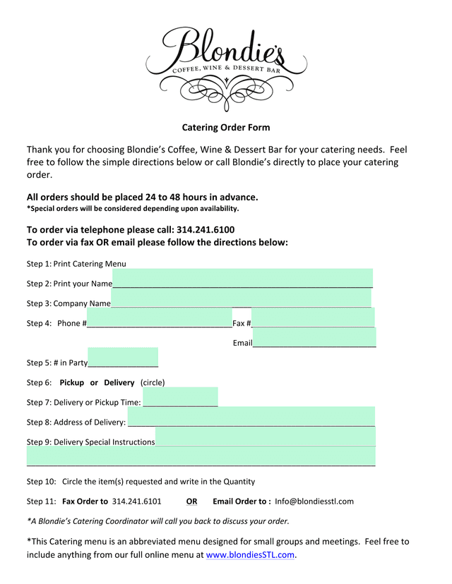 Catering Order Form screenshot