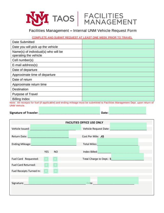 UNM Vehicle Request Form screenshot