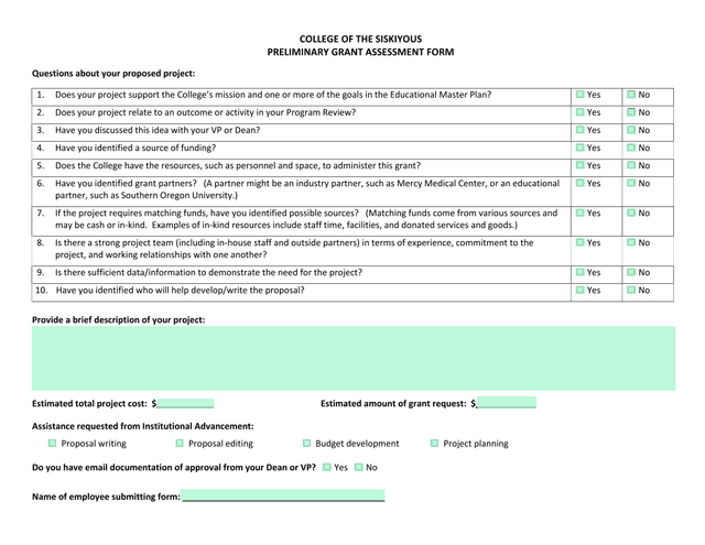 Preliminary Grant Assessment Form screenshot