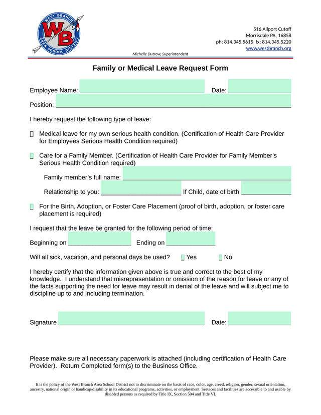 Family Or Medical Leave Request Form screenshot