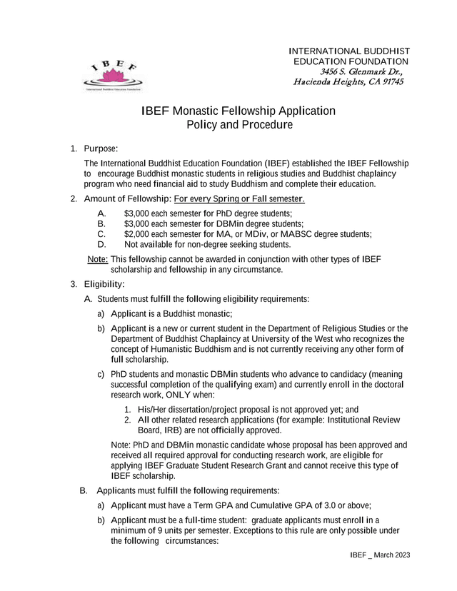 IBEF Monastic Fellowship Application Policy And Procedure screenshot