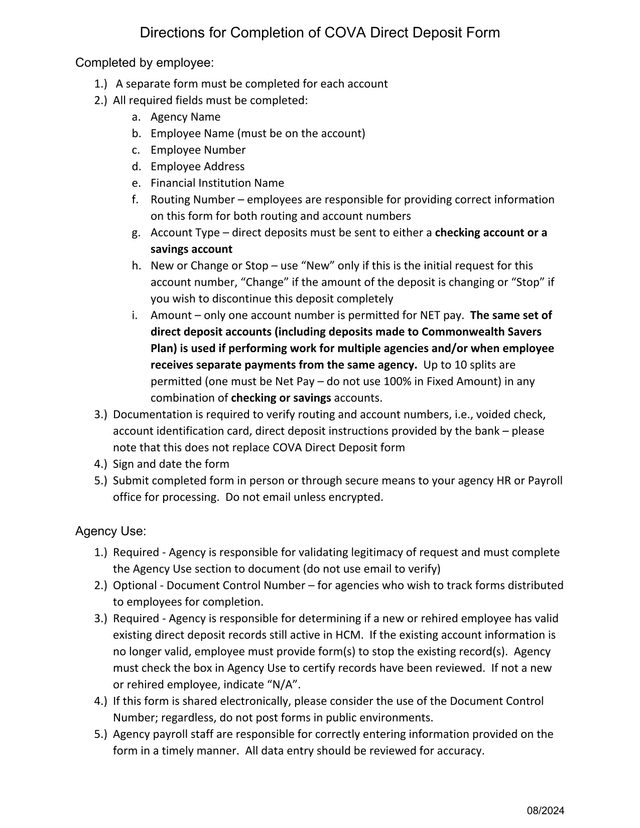 COVA Direct Deposit Form Directions screenshot