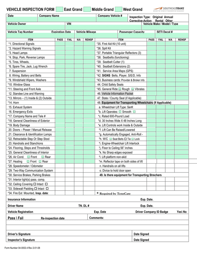 Vehicle Inspection Form screenshot