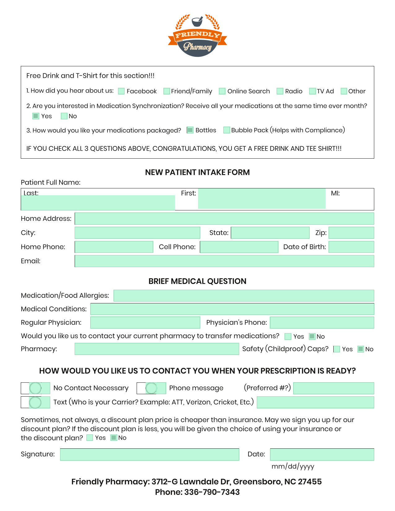 NEW PATIENT INTAKE FORM screenshot