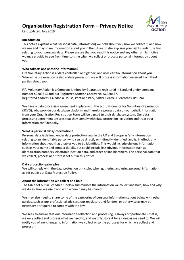 Organisation Registration Form  Privacy Notice screenshot
