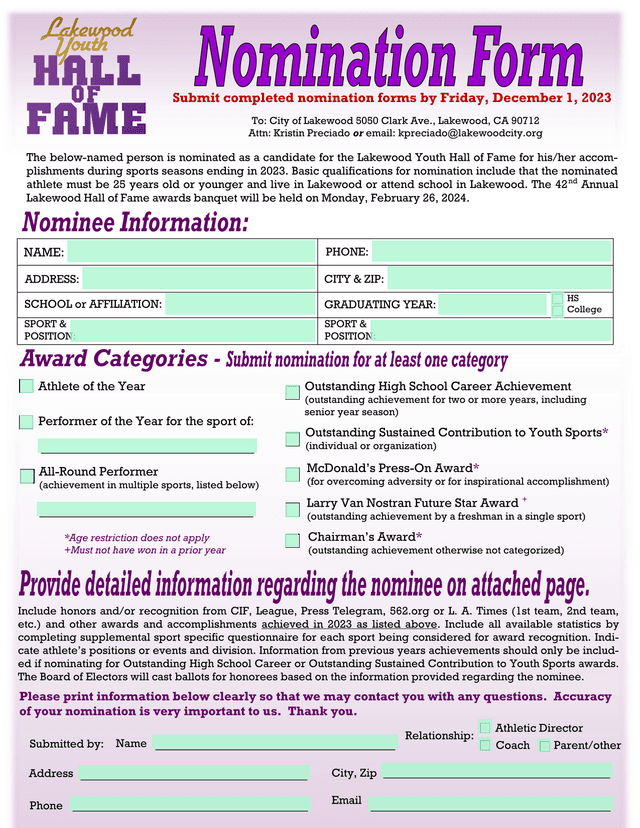 Lakewood Youth Hall Of Fame Nomination Form screenshot