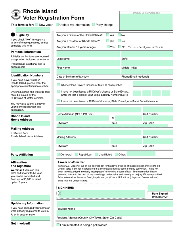 Rhode Island Voter Registration Form screenshot
