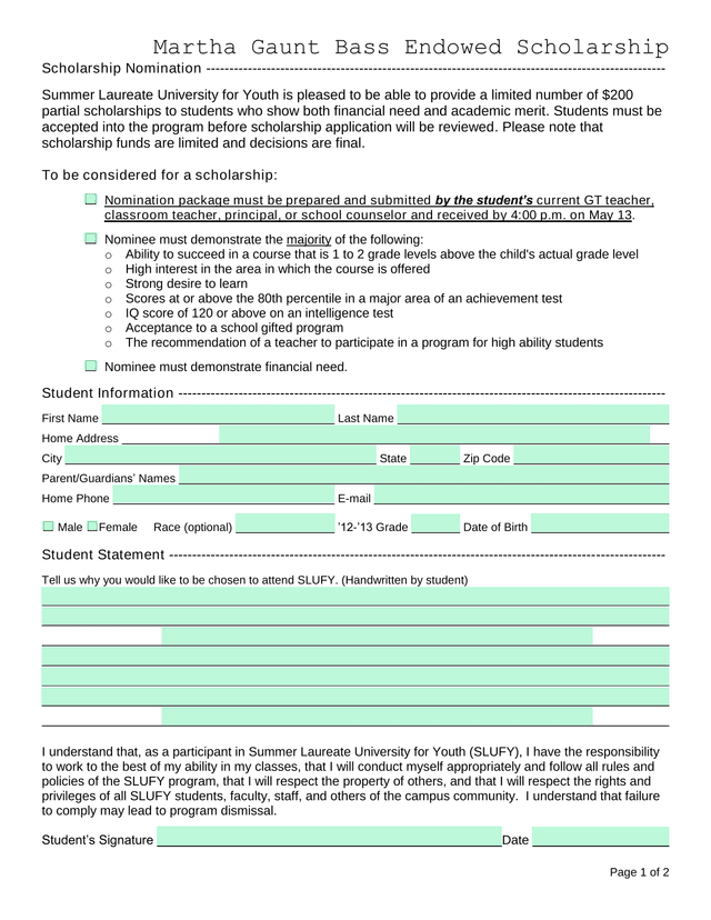 Martha Gaunt Bass Endowed Scholarship screenshot