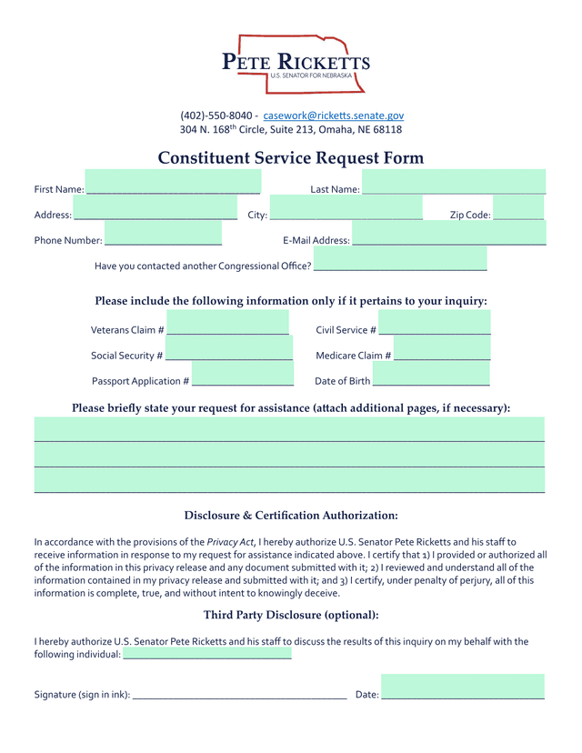 Constituent Service Request Form screenshot