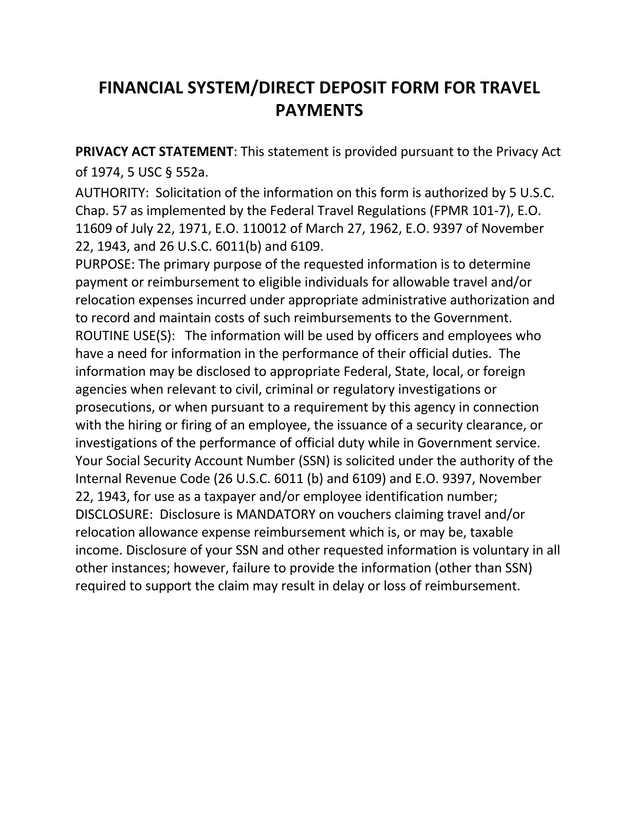FINANCIAL SYSTEMDIRECT DEPOSIT FORM FOR TRAVEL PAYMENTS screenshot
