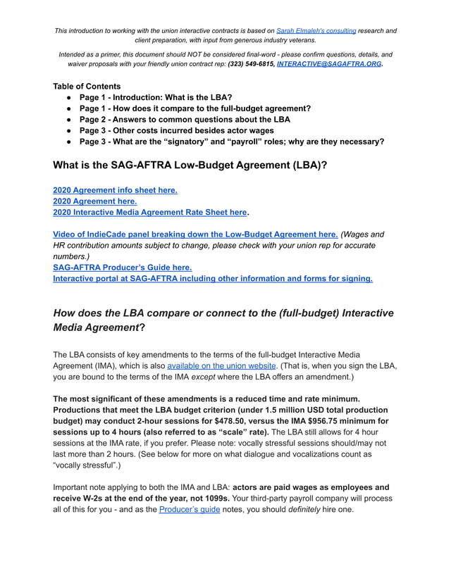 SAG AFTRA Low Budget Agreement (LBA) Guide screenshot