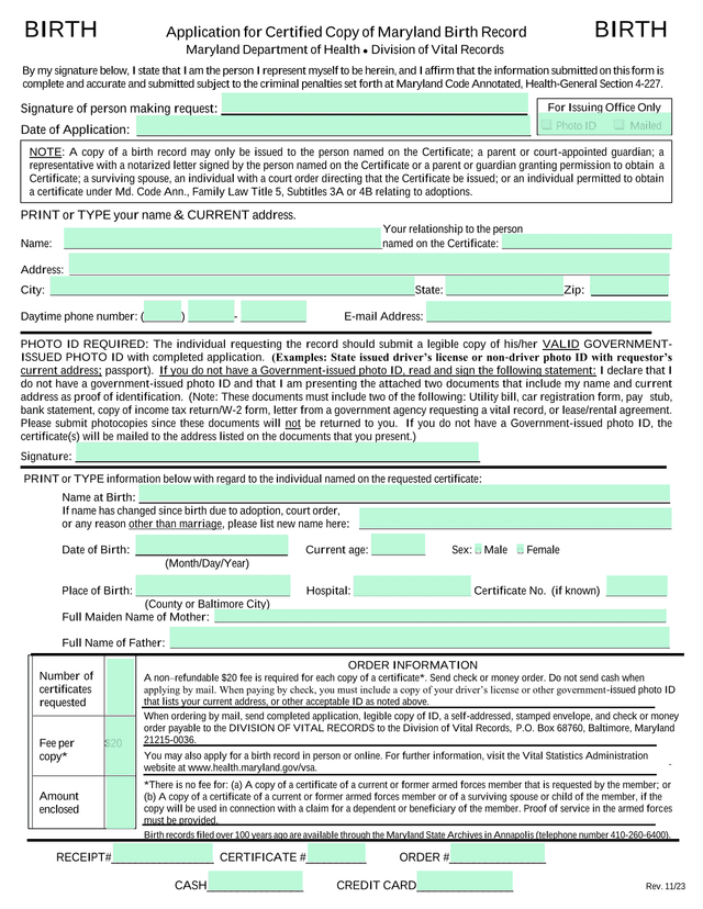 Application For Certified Copy Of Maryland Birth Record screenshot