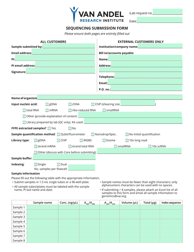 SEQUENCING SUBMISSION FORM screenshot