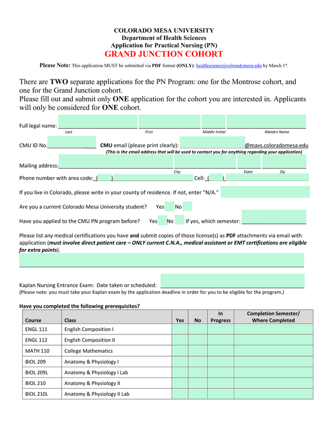 Colorado Mesa University Practical Nursing (PN) Application   Grand Junction Cohort screenshot