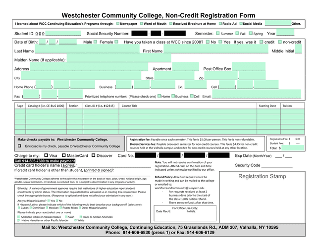 Westchester Community College, Non Credit Registration Form screenshot