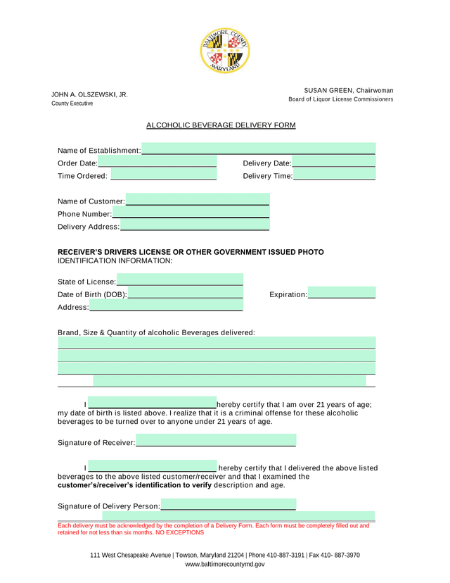 ALCOHOLIC BEVERAGE DELIVERY FORM screenshot